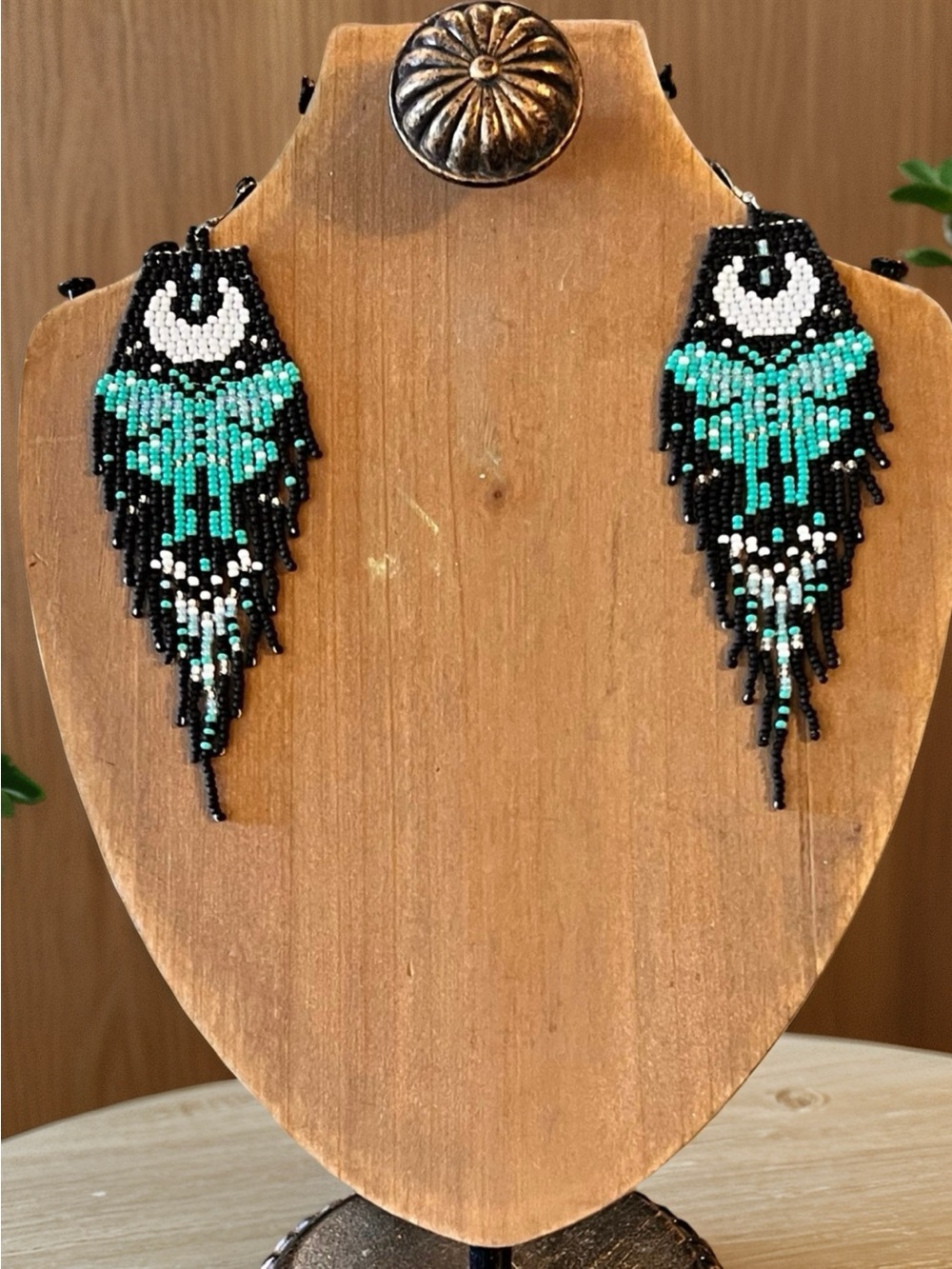 Black White Turquoise Glass Beaded Fringe Earrings Moon Moth Butterfly
